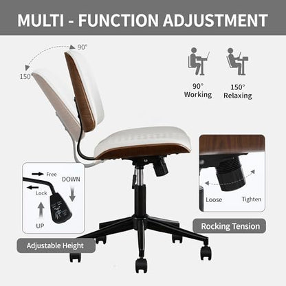 VipDesk Small Home Office Chair - Armless Mid Back Desk Chair with 360° Swivel and Wheels, PU Upholstered Height Adjustable Modern Walnut Computer Chair for Home, Office Meeting Room - White - color: White, size: MCM Style