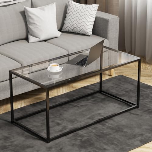 Glass Coffee Table Modern Center Table,Minimalist Coffee Table for Living Room,Tempered Glass-top with Sturdy Metal Frame, Easy Assembly,Black - color: Black, style: Rectangle