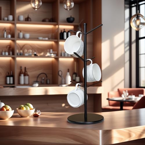 Premium Mug Tree, 6 Hooks Upgraded Stable Metal Mug Holder, Bamboo Base Coffee Mug Cup Rack for Counter Top, Mug Display, Home Storage and Cup Organizer, Black - size: 6 Hooks