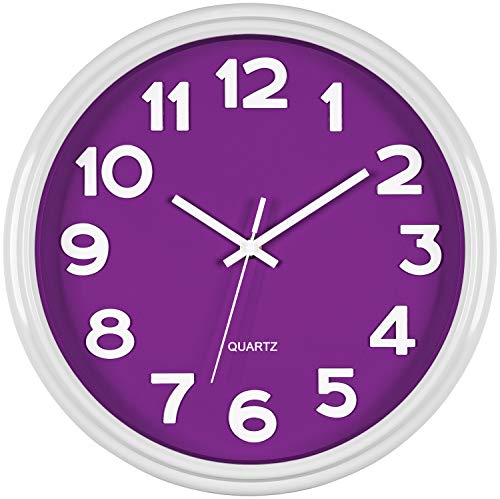 Bernhard Products Large 12.5 Inch Purple Wall Clock with Non-Ticking Sweep Movement, Quartz Analog Display, Solid Plastic Case, Metal Hands, Battery Operated, Easy to Read - style: Violet