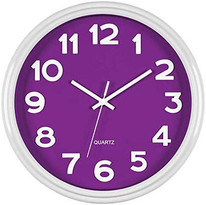 Bernhard Products Large 12.5 Inch Purple Wall Clock with Non-Ticking Sweep Movement, Quartz Analog Display, Solid Plastic Case, Metal Hands, Battery Operated, Easy to Read - style: Violet