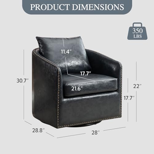 HAOMARKETS 360 Degree Swivel Barrel Chair with Plump Back Pillow, Waterproof Oil Waxed PU Leather Swivel Armchair with Rivets, Comfy Vintage Round Accent Chair for Living Room - color: Haze Blue
