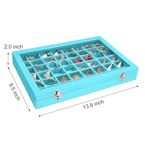 Siveit Velvet Jewelry Tray 48 Grid Jewelry Display Tray Organizer Box with Transparent Lid Rings Earrings Necklaces Pendants Display Box Suitable for Women and Girls (Light Blue) - color: Light Blue
