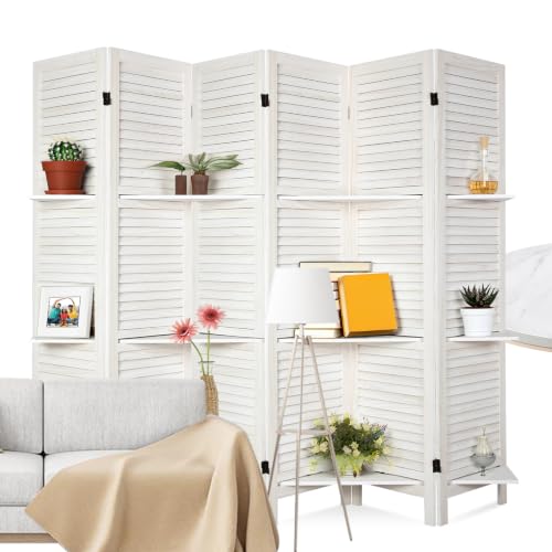 6 Panel Room Divider with Shelves | Freestanding Wooden Louvered Privacy Screen, Built‑in Display Shelves, Foldable Hinges, White - color: White-6 Panel, size: 6 Panel