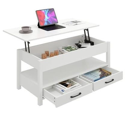Panana Coffee Table, Lift Top Coffee Table with Hidden Compartment, 2 Drawers and 1 Open Shelf, Retro Central Wooden Table Lift Tabletop for Living Room (White) - color: White