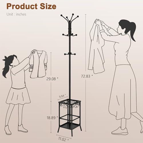 Hoctieon Coat Rack Freestanding, Coat Tree with Umbrella Holder, Metal Coat Rack Stand with 12 Hooks, Standing Coat Hanger Stand, Umbrella Stand for Entryway, Hat Rack Stand for Home Office, Black - color: Black