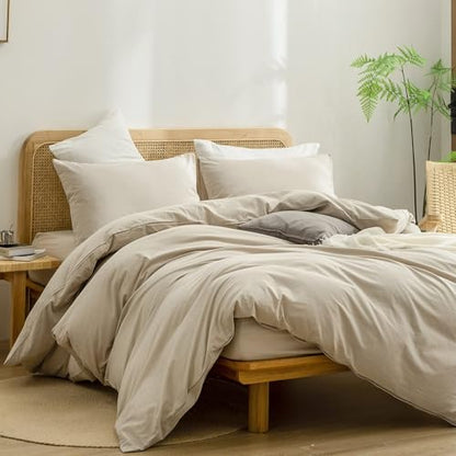 BESTOUCH Cotton Solid Duvet Cover Set Almond Milk Grey Oversized Full | 100% Washed Cotton, Soft Wrinkle Texture, Hidden Zipper, 8 Ties, Breathable Lightweight Durable Comfy, 3 Pcs No Insert - color: Almond Milk Grey (No Comforter), size: Oversized Full (