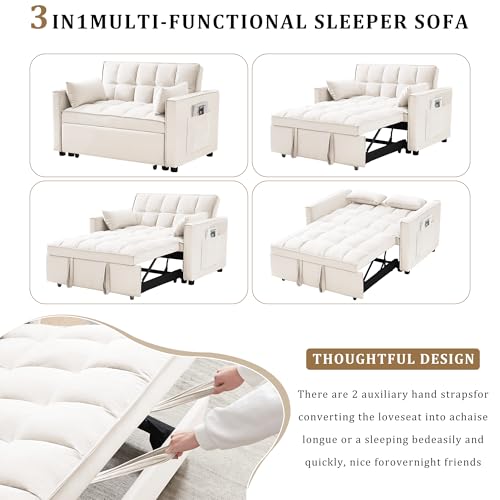 55" Pull Out Sleeper Sofa, Velvet Loveseat with Side Pockets, White | Velvet upholstery, 5-level adjustable back, Pull-out bed design, Sturdy frame with side pockets - color: White
