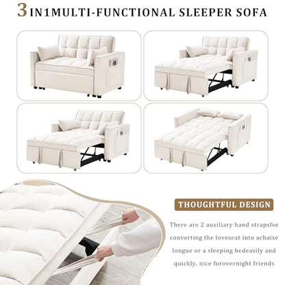 55" Pull Out Sleeper Sofa, Velvet Loveseat with Side Pockets, White | Velvet upholstery, 5-level adjustable back, Pull-out bed design, Sturdy frame with side pockets - color: White