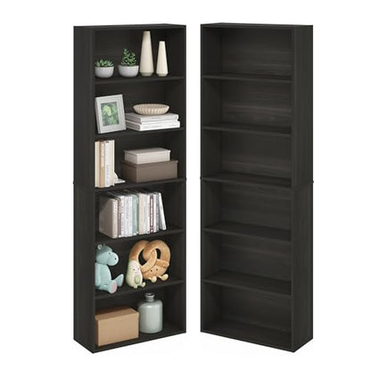 Furinno Jaya Book Shelf Set of 2, 6-Tier Bookshelf, Bookcase, 9.5 x 24.6 x 71, for Home Office, Living Room, Espresso - color: Espresso, size: Set of 2, 6-Tier