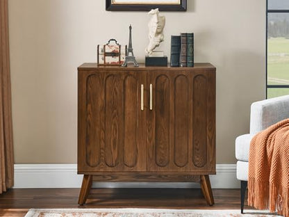 Small Sideboard Buffet,Mid Century Modern Storage Cabinet with Doors | Real Wood Veneer Credenza Storage Cabinet,Living Room Accent Cabinet,Small Walnut Sideboard Buffet,Boho Bar Cabinet - color: Walnut