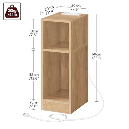 MAHANCRIS Narrow Nightstand, Narrow End Table with Charging Station, Skinny Bedside Table for Small Spaces, Mid Century Modern Night Stand for Bedroom, Living Room, Natural ETNA30E01 - color: Natural