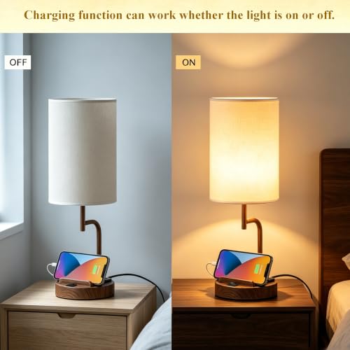 Dreamholder 2 Pack Table Lamp, Bedside Lamp with 3 USB Charging Ports & AC Outlet, USB Desk Lamp with 2 Phone Holders, Linen Fabric Shade Nightstand Lamps for Bedroom Living Room Office, Walnut - color: Walnut