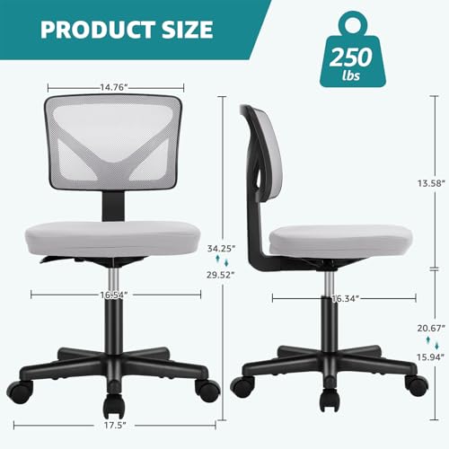 OLIXIS Armless Home Office Chair, Ergonomic Small Desk Chair | Mesh Back, Removable Washable Foam Cushion, Height Adjustable, Rolling Swivel Wheels, Small Space, Grey - color: Grey