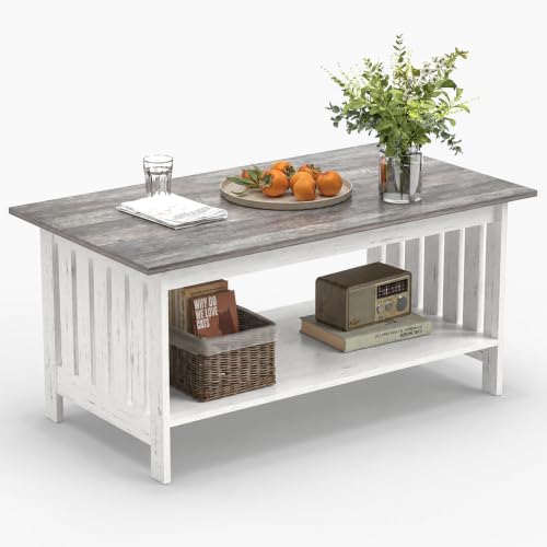 39.4" Farmhouse Coffee Table, Small Coffee Tables for Living Room | Grey, 2 Tier Coffee Table with Storage, Tea Table for Living Room Bedroom Small Space - color: Grey