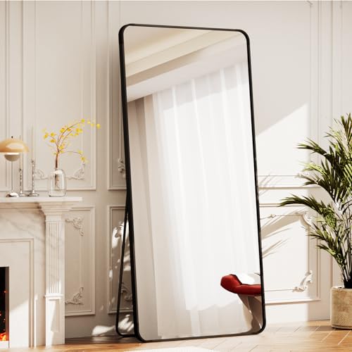 BEAUTYPEAK 71" x 26" Rounded Corner Full Length Mirror with Stand, Black | Aluminum Alloy Frame with Standing, Leaning, or Wall-Mounted, Ideal for Bedroom, Dressing Room, Entryway, and Living Room - color: Black, size: 71"L x 26"W