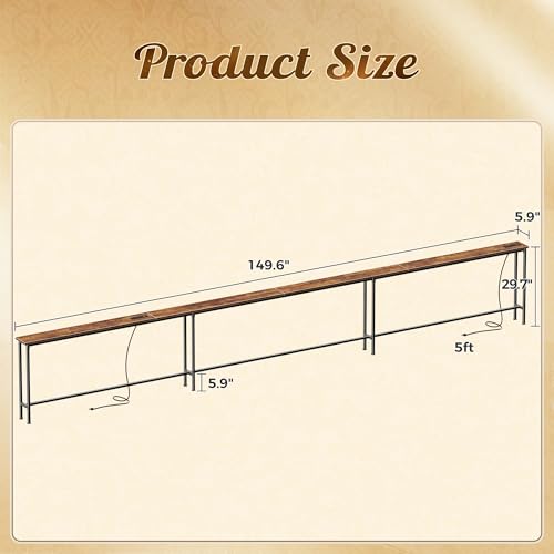 Huuger 149.6 Inch Sofa Table with Power Outlets, Skinny Behind Couch Table | 5.9 Inch Narrow Entryway Table, Extra-Long Console Table, Behind the Couch Table with Outlet for Living Room, Rustic Brown - color: Rustic Brown, size: 5.9"D × 149.6"W × 29.7"H