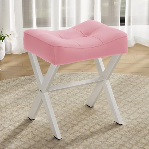 18-Inch Leather Vanity Stool Chair, Pink Saddle Vanity Stool | Vanity Bench, Metal X-Leg, 300 LBS, 16.3"x12.4"x18", Ottoman Accent Stool, Thick Padded Saddle Seat, For Living Room, Bedroom - size: Small, style: Pink Leather