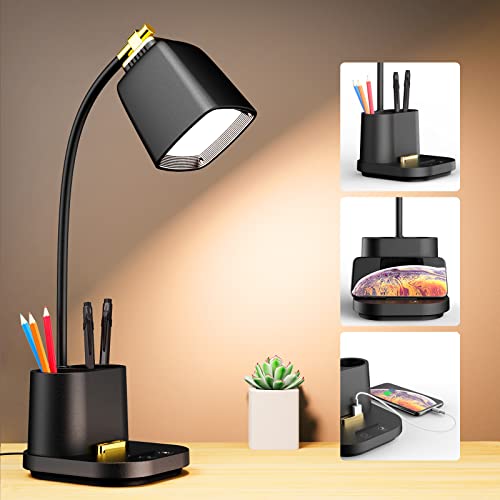 LED Desk Lamp with USB Charging Port Touch Control 3 Color Modes, Stepless Dimming,Eye-Caring LED Table Lamp for Home,Office,Bedroom,Reading,Work,Study,Gooseneck Lamp, 5V, 2.4A - color: Black