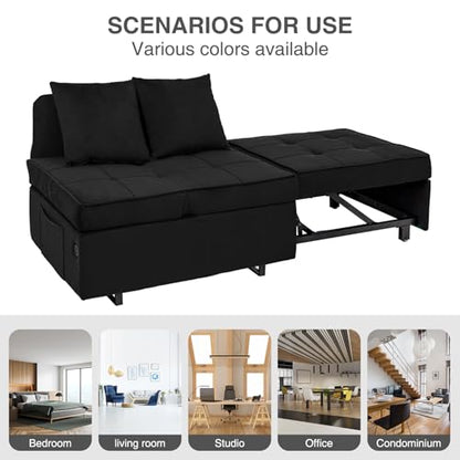 Convertible Sofa Bed 4-in-1 Pull Out Couch, Ottoman Bed Sleeper, Black | Velvet Love seat Couch Sleeper Chair Bed with USB Ports, 5 Adjustable Backrest and Pillow for Living Room Apartment Office - color: Black