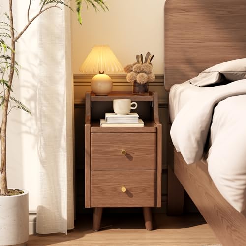 Narrow Nightstand with 2 Drawers,Solid Wood Bedside Table,Walnut Nightstand | Solid wood narrow nightstand with 2 drawers,slim night stand for organized storage in bedroom, study, and bathroom spaces. - color: Walnut, size: 15.75"D x 11.81"W x 22.32"H(2 D