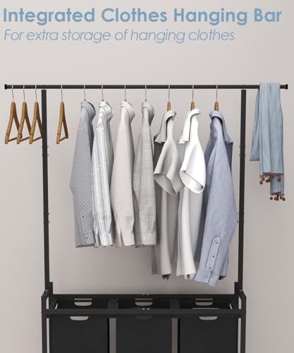 Large Laundry Hamper with Clothes Rack Hanging Bar, 10 x 3 Gal Pull-Out & Removable Sorter Bags, Freestanding Laundry Basket Organizer for Bathroom, Bedroom and Laundry Room, Black