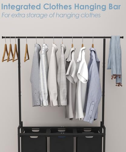 Large Laundry Hamper with Clothes Rack Hanging Bar, 10 x 3 Gal Pull-Out & Removable Sorter Bags, Freestanding Laundry Basket Organizer for Bathroom, Bedroom and Laundry Room, Black