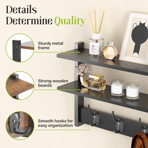 2 Tier Coat Rack Wall Mount with Shelf, 33" Wall Shelf with Hooks, Entryway Key Holder for Wall with 8 Heavy Duty Double Hooks, Coat Hook Wall Mounted for Bedroom, Living Room, Black - color: Black-2 Pack