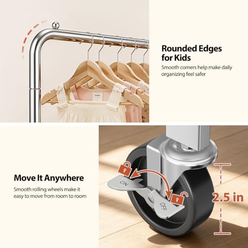 Heavy Duty Kids Clothing Rack Rolling Large Storage Capacity Dress Up Rack | with 2/3 Adjustable Rod & Bottom Shelf - Baby clothes rack baby Closet for Nursery Bedroom Organizer - color: Silver