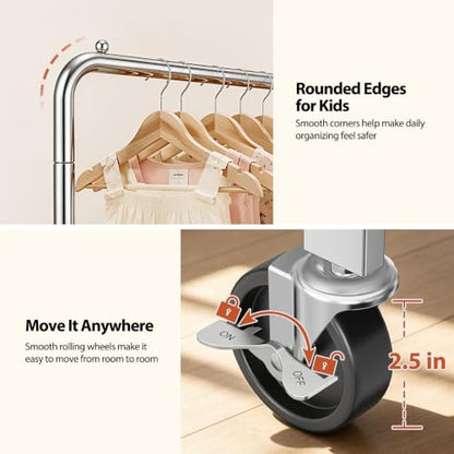 Heavy Duty Kids Clothing Rack Rolling Large Storage Capacity Dress Up Rack | with 2/3 Adjustable Rod & Bottom Shelf - Baby clothes rack baby Closet for Nursery Bedroom Organizer - color: Silver