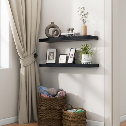 fuqing 30 Inch Floating Shelves, 6.7 Inch Deep Black Wall Shelves Set of 2 | 30'' x 6.7'' x 1.4'' Black Wood Shelves for Bathroom, Living Room, 40LBS, Lightweight, Hardware Included, Waterproof Finish - color: Black, size: 30 Inch