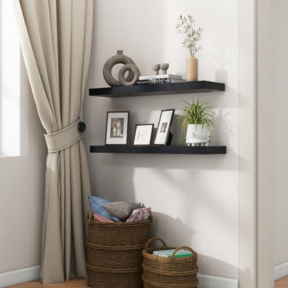 fuqing 30 Inch Floating Shelves, 6.7 Inch Deep Black Wall Shelves Set of 2 | 30'' x 6.7'' x 1.4'' Black Wood Shelves for Bathroom, Living Room, 40LBS, Lightweight, Hardware Included, Waterproof Finish - color: Black, size: 30 Inch