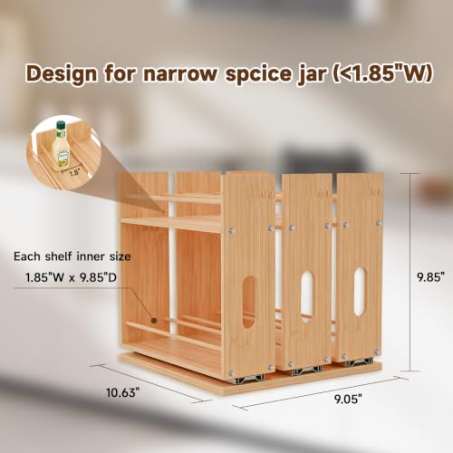 Bamboo Spice Rack Organizer for Cabinet, Pull Out Seasoning Rack Kitchen Spice Organizer, Sliding Spicy Shelf Pantry Countertop Vertical Organization, 3 Drawers, 3-Tier - size: 9.1" Wide, 3 Drawers(1.85" Wide), 2-Tier