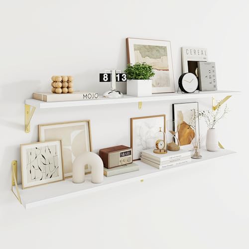 Dreamland Wall Mounted Floating Shelves Set of 2, 48x8, White&Gold | Engineered Wood, Visible Bracket, Large Storage, Hold Up to 70lbs, Living Room, Bathroom, Bedroom, Kitchen - color: White&gold, size: 48"W x 8"D