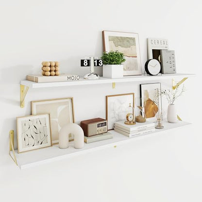 Dreamland Wall Mounted Floating Shelves Set of 2, 48x8, White&Gold | Engineered Wood, Visible Bracket, Large Storage, Hold Up to 70lbs, Living Room, Bathroom, Bedroom, Kitchen - color: White&gold, size: 48"W x 8"D