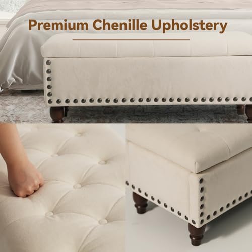 42'' End of Bed Storage Bench with Dual-Surface Lid, Upholstered Ottoman with Hidden Storage, Chenille Bench Seating with Wood Panel Seat for Entryway,Living Room,Bedroom-White - color: 1-white