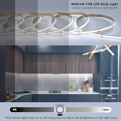 BENLUN 12V COB LED Under Cabinet Strip Lighting Cuttable 32.8ft for Kitchen | 6000K Cool White LED Strip Lights Dimmable Adhesive 8W/M CRI 93 with Dimmer and Power Supply for Bookcase Shelf Display - color: Cool White 6000K