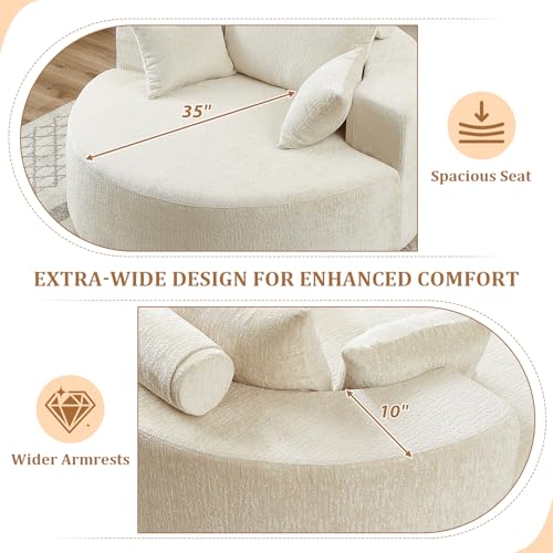 55" Oversized Round Chaise Longue Chair Indoor, Upholstered Chenille Circle Single Cloud Reading Sofa Chair Deep Seat Modern Boneless Sleeper Couch No Assembly Required, Beige - color: Beige, style: 55"Chenille