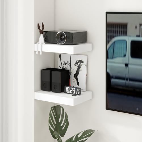 12 Inch Deep Floating Shelves, 16 Inch White Wall Shelves Set of 2 | Invisible Brackets, Engineered Wood, Mounting Hardware Included, 35LBS, Bathroom, Laundry Room, Kitchen, Living Room - color: White, size: 16W x 11.6D x 2H, 2 Pack