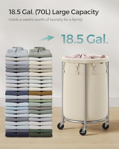 SONGMICS Laundry Basket, Rolling Steel Frame with 2 Locking Wheels, 70 L | Heavy-Duty Laundry Hamper Cart with Removable Bag, Cream White and Metallic Silver, URLS006W01 - color: Cream White + Metallic Silver, size: 70 L (1-Section)