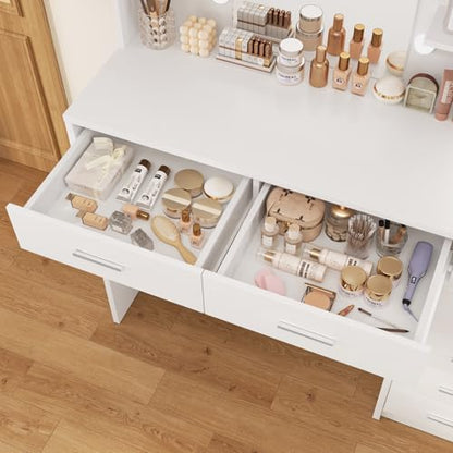 Quimoo 43.3" W Vanity Desk with Mirror and 9 LED Lights, Makeup Vanity with 6 Drawers, 6 Open Shelves, White Vanity for Women Girls, 43.3" W x 13.8" D x 54.3" - color: White 6 Drawers