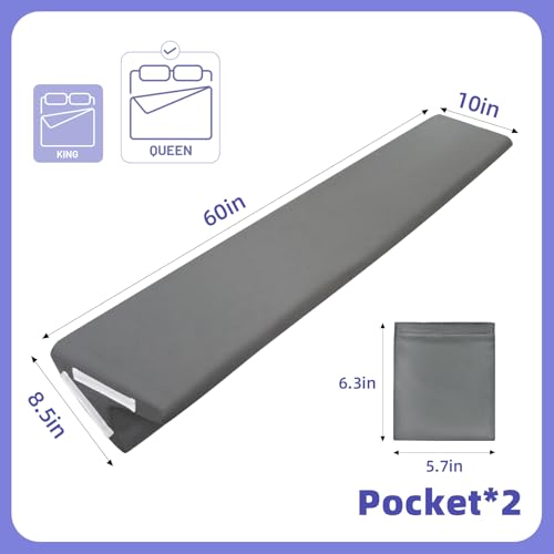 Vekkia Bed Wedge Pillow for Headboard Gap, Queen 60"x10"x8" with Pockets | Bed Gap filler,Two Angles&Heights, Pressure Lock Design Keeps in Place, High-Density Foam Fills Gaps (0-5.5"), Washable Cover - color: Gray, size: Queen(60"x10"x8.5"-Large)