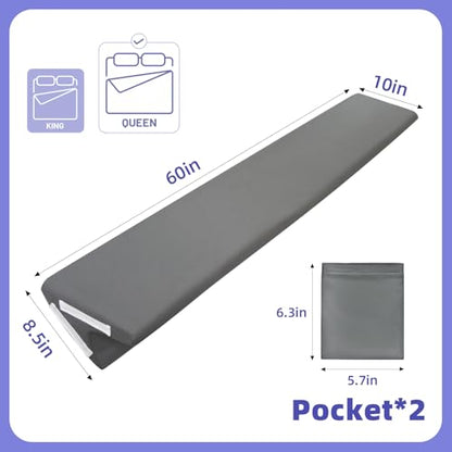 Vekkia Bed Wedge Pillow for Headboard Gap, Queen 60"x10"x8" with Pockets | Bed Gap filler,Two Angles&Heights, Pressure Lock Design Keeps in Place, High-Density Foam Fills Gaps (0-5.5"), Washable Cover - color: Gray, size: Queen(60"x10"x8.5"-Large)