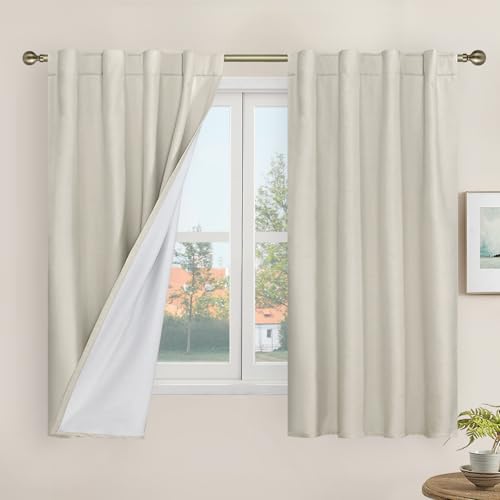 100% Blackout Linen Curtains for Bedroom 45 Inches 2 Panels, Stone | Linen Textured Thermal Window Drapes, Room Darkening, Privacy, Rod Pocket Back Tab Panels, with White Liner, 38 x 45 Inch - color: Stone, size: 38"W x 45"L (Pack of 2)
