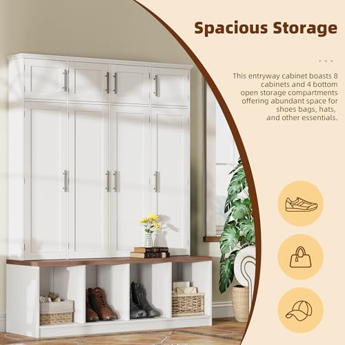 JIVOIT 75" H Farmhouse Hall Tree with Storage, Versatile 4-in-1 Coat Hanger with 4 Hidden Hanging Hooks, 8 Doors, Entryway Shoe Cabinet with Open Compartments for Living Room - color: White//23