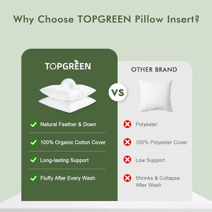 TOPGREEN Feather Down Throw Pillow Inserts 20 x 20, Set of 2, 100% Organic Cotton Shell, Soft Decorative Square Pillows Insert for Living Room Sofa, Couch, or Bed (White) | 100% Organic and Double-Layer Down-Proof Cotton Cover, Ethical-Sourced Feather Dow