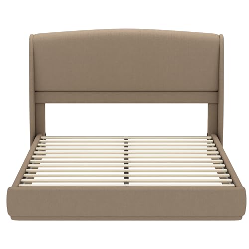 RuiSiSi Queen Size Upholstered Bed with Wingback Headboard, Low Profile Linen Fabric Platform Bed Frame, Strong Wood Slats, No Box Spring Needed, Easy Assembly, Brown - color: Brown