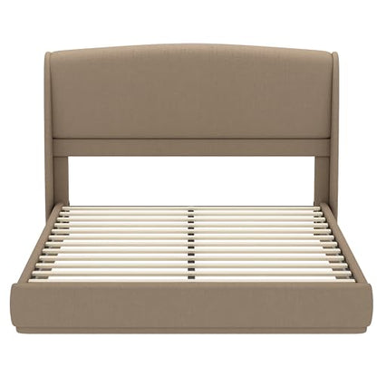 RuiSiSi Queen Size Upholstered Bed with Wingback Headboard, Low Profile Linen Fabric Platform Bed Frame, Strong Wood Slats, No Box Spring Needed, Easy Assembly, Brown - color: Brown