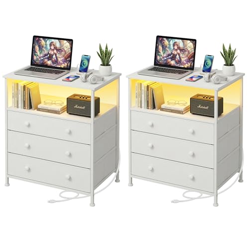 3-Drawer LED Nightstand Set 2 with Charging Station, White | Engineered Wood and Steel, 2 AC and 2 USB ports, 24 Inch Wide, RGB App Control, Fabric Drawers, Open Storage Shelf - color: White, 2 Pack