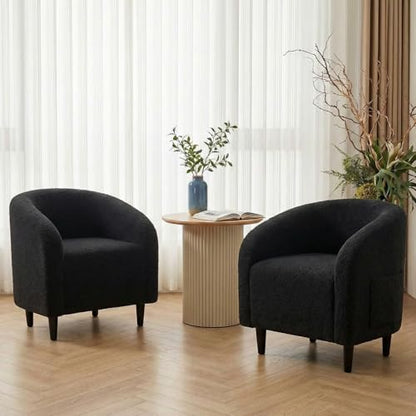 TLSUNNY Accent Chair, Upholstered Comfy Teddy Fabric Barrel Chair | Modern Furry Barrel Chair with a Side Pocket, Club Armchair for Living Room/Bedroom/Reception Room - color: Black